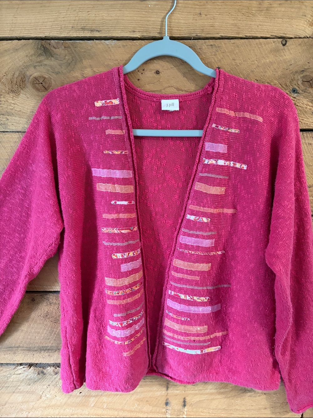 J. Jill Hot Pink Open-Front Cardigan with Multicolor Stripe Accents